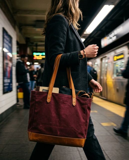 Burgundy canvas tote in transit